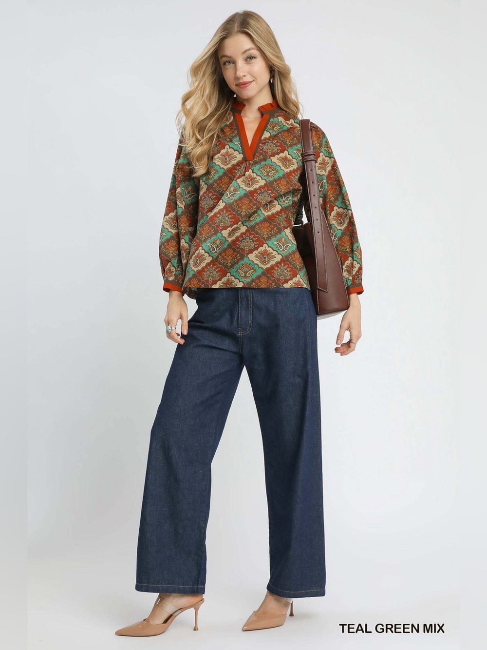 Umgee Abstract Print Ruffle Neck Top🛍️